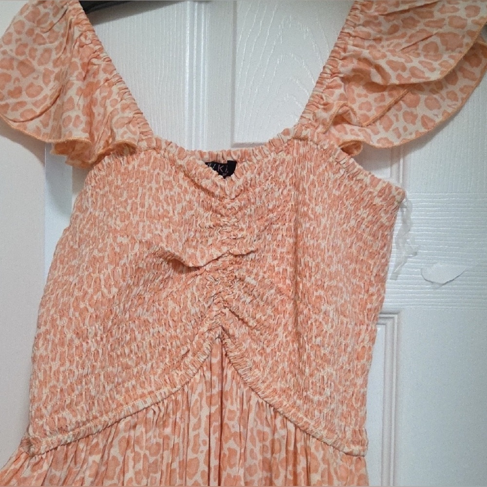 NWT Elegant Enkay Peach Leopard Smocked Midi Dress L - Picture 4 of 7